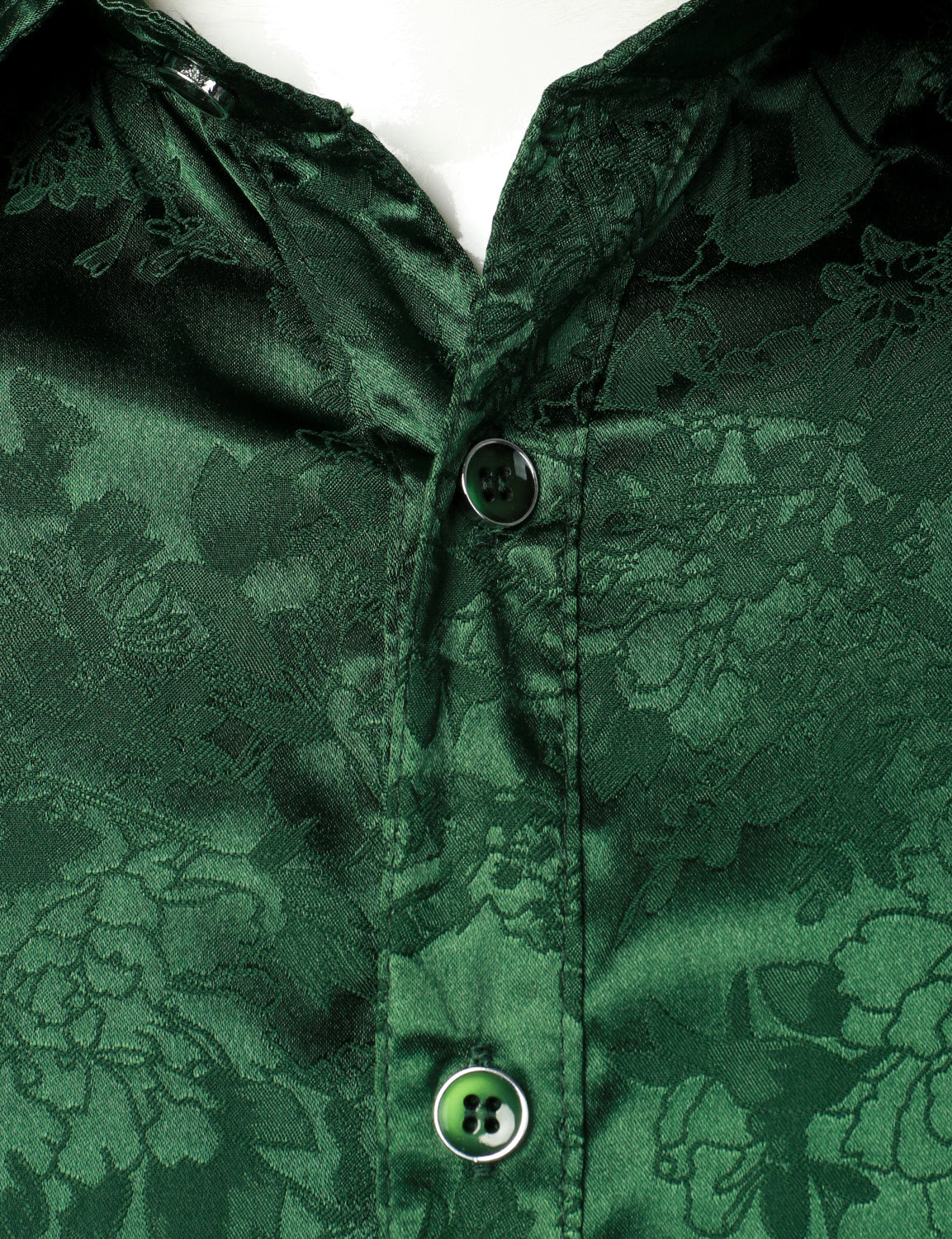 Camisa de vestir casual Shiny Satin floral Jacquard Green de manga larga Button Up para hombre
