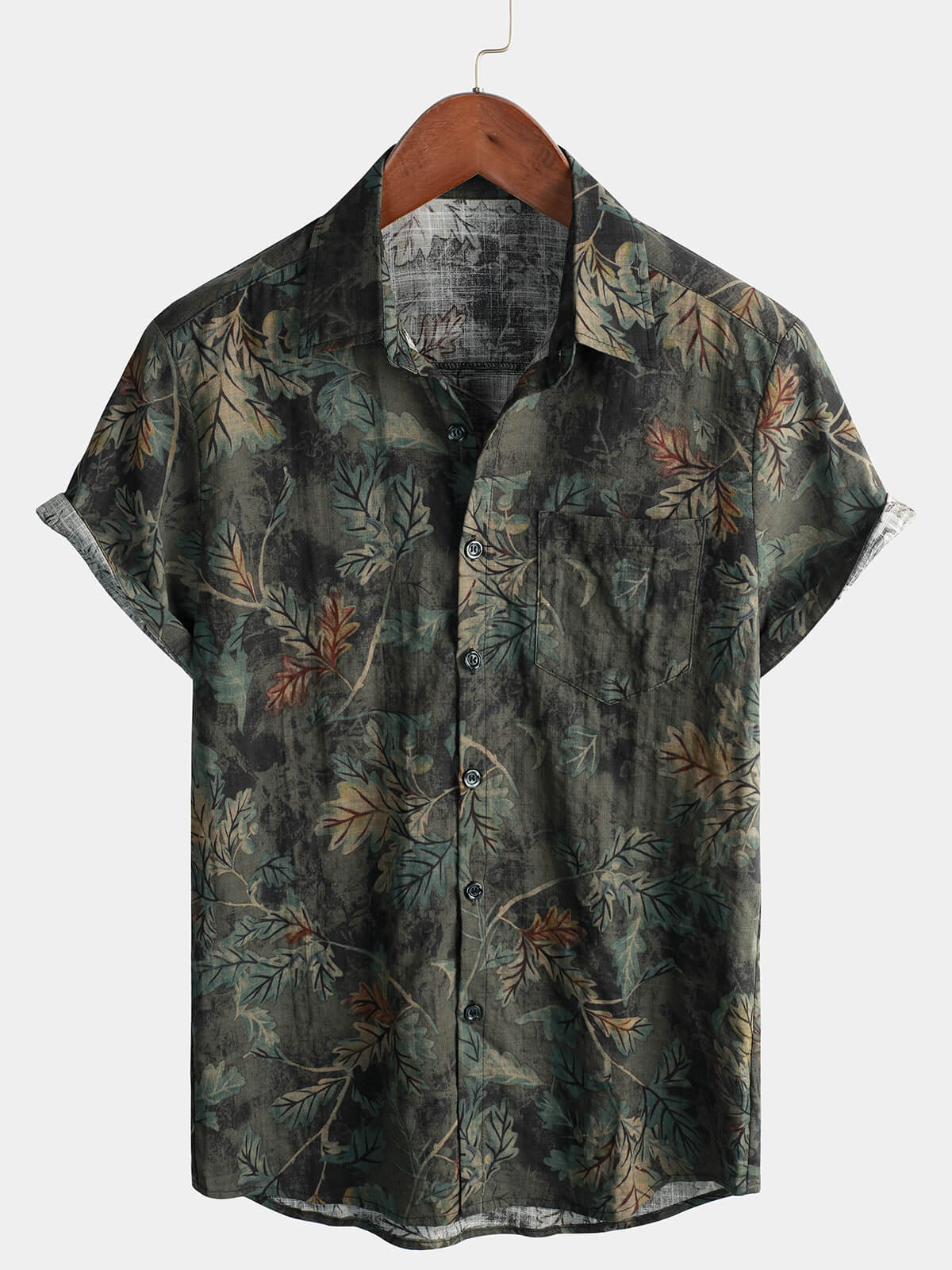 Camisa retro Leaf de manga corta Hawaiian Beach para hombre