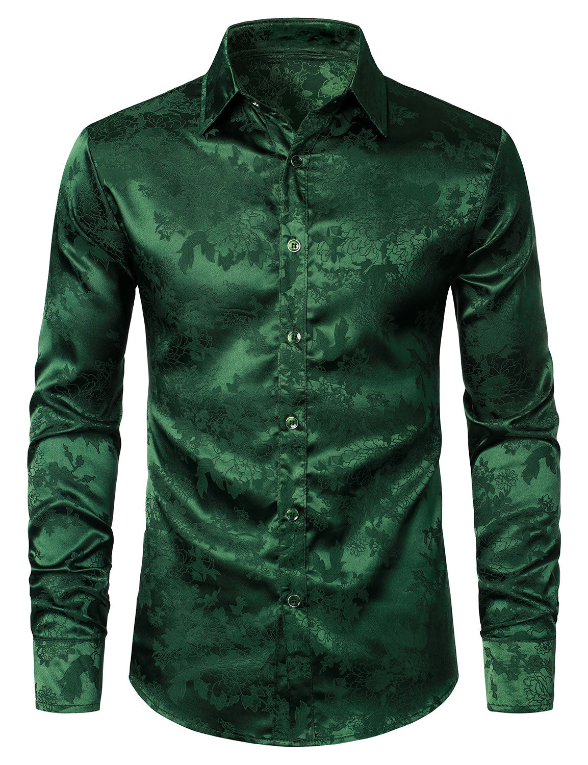 Camisa de vestir casual Shiny Satin floral Jacquard Green de manga larga Button Up para hombre