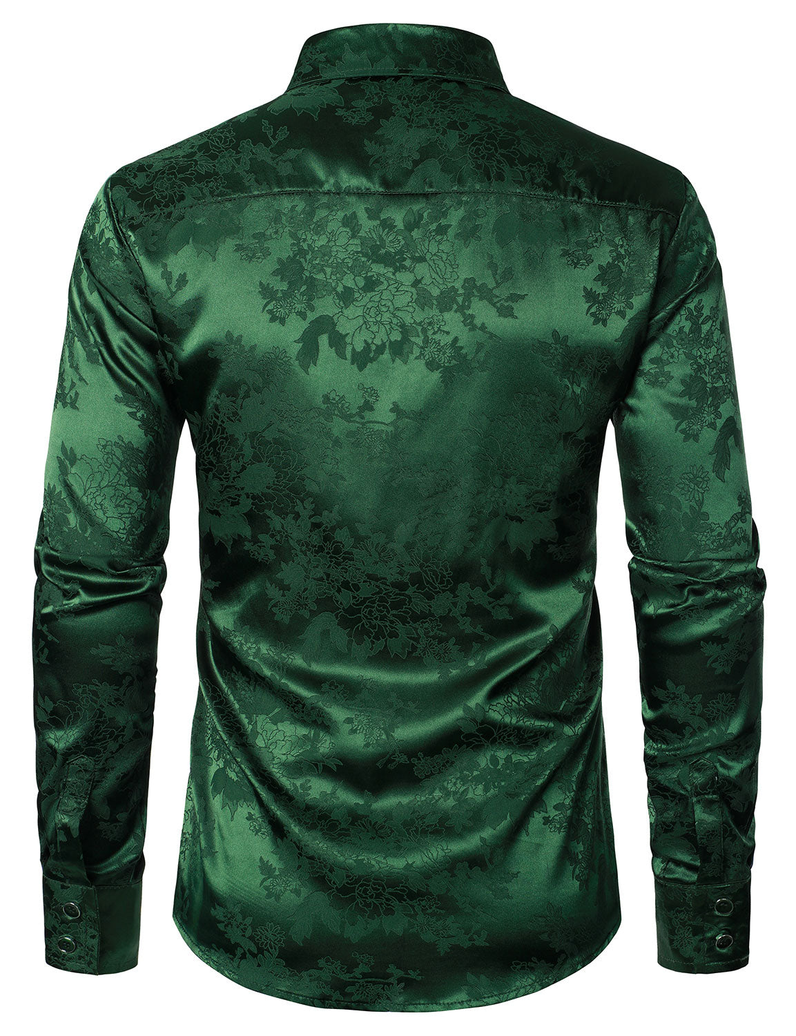 Camisa de vestir casual Shiny Satin floral Jacquard Green de manga larga Button Up para hombre