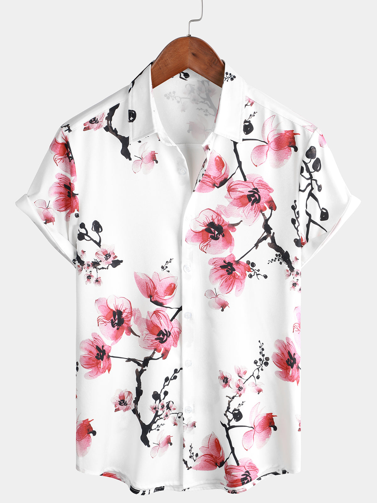Camisa casual Pink floral estampado Summer Button Up Flower de manga corta Cherry Blossom para hombre