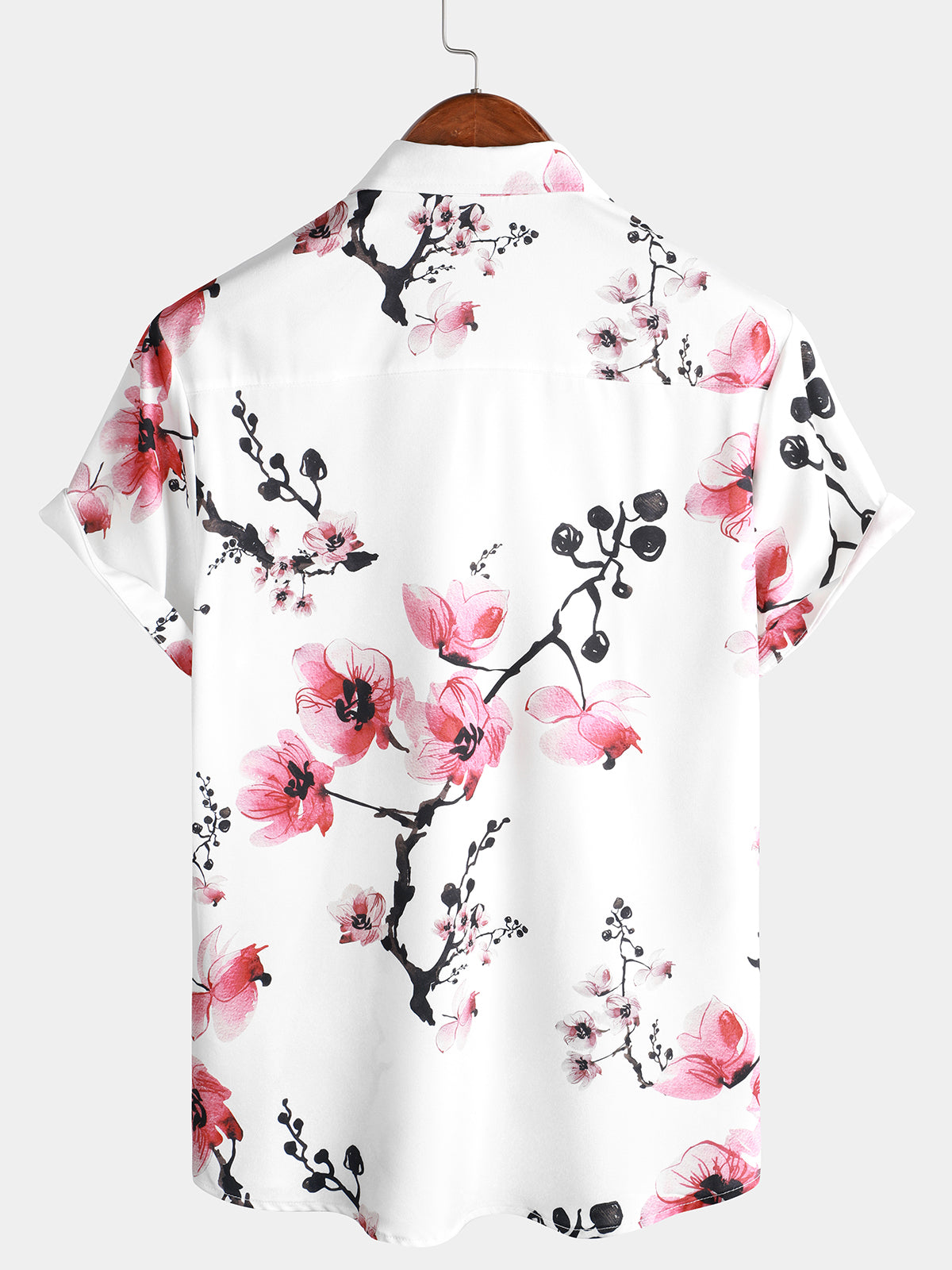 Camisa casual Pink floral estampado Summer Button Up Flower de manga corta Cherry Blossom para hombre