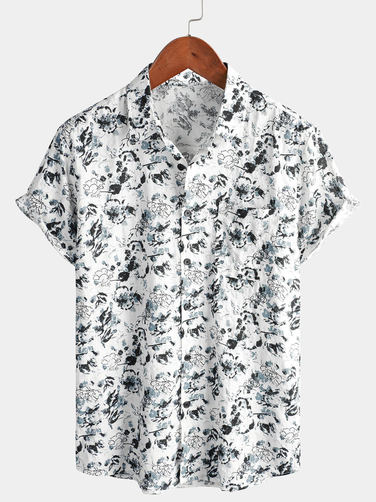 Camisa White and Black floral Summer Flower Button Up de algodón de manga corta para hombre