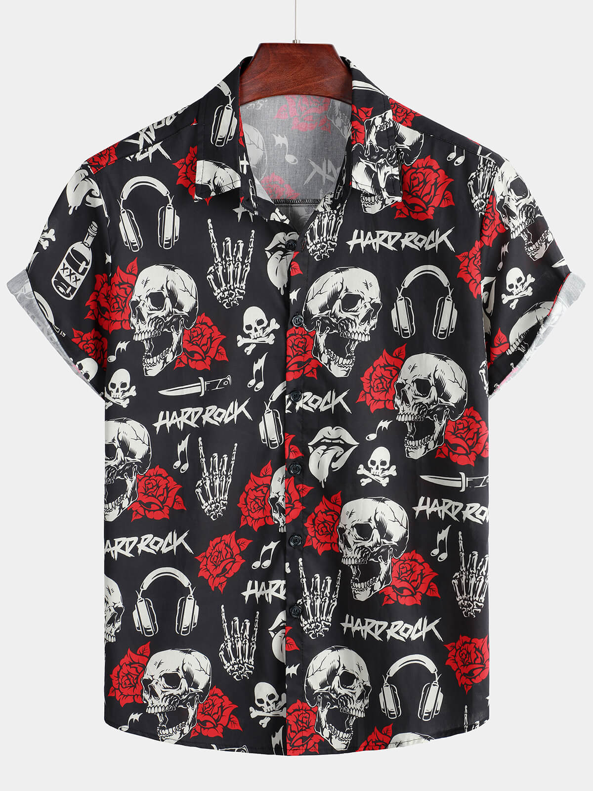 Camisa Skull Rose floral Punk Rocker Cool Rock Music de manga corta Hawaiian para hombre