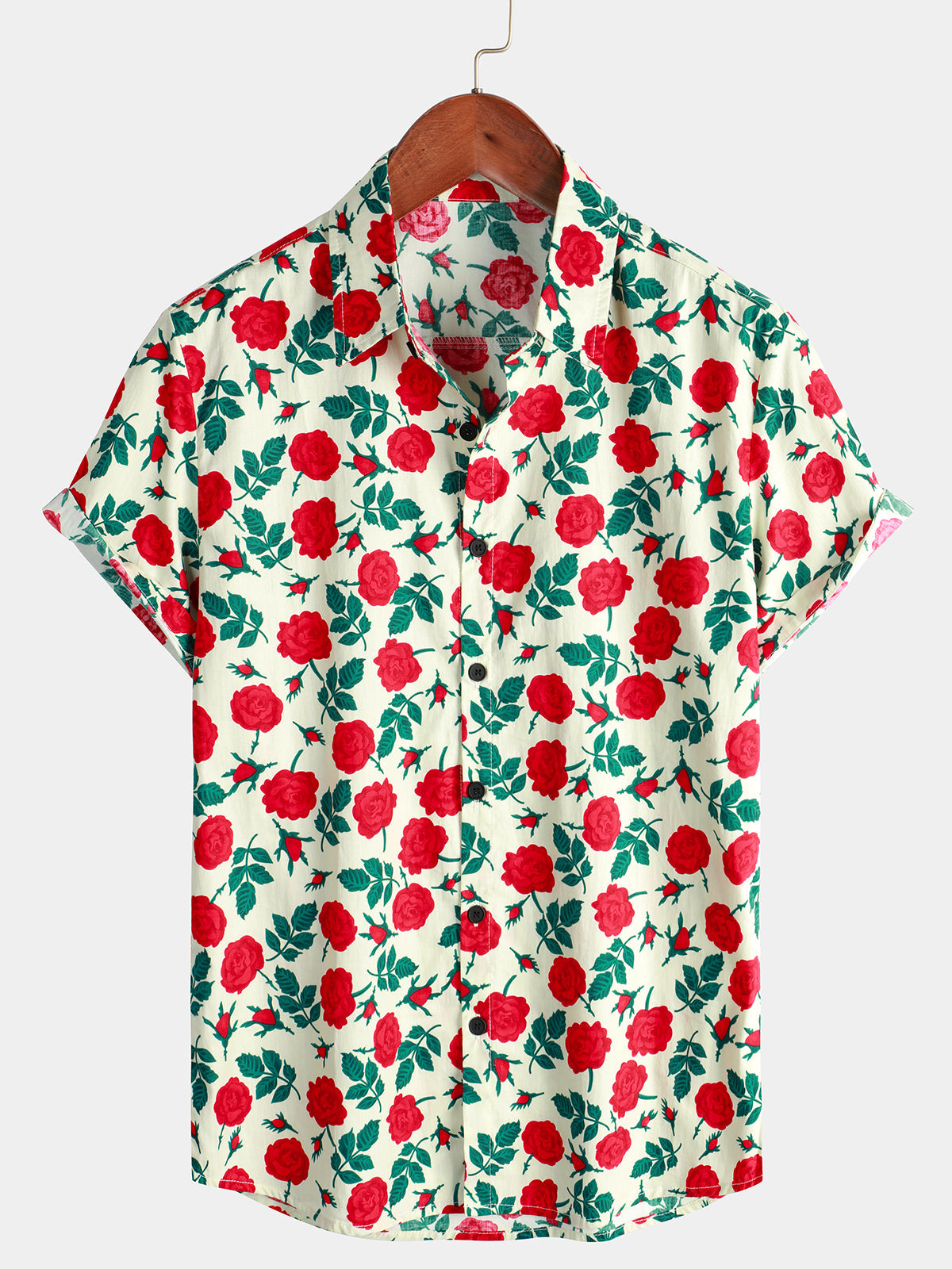 Camisa Rose estampado de algodón transpirable Beach Summer Button up Beige de manga corta para hombre