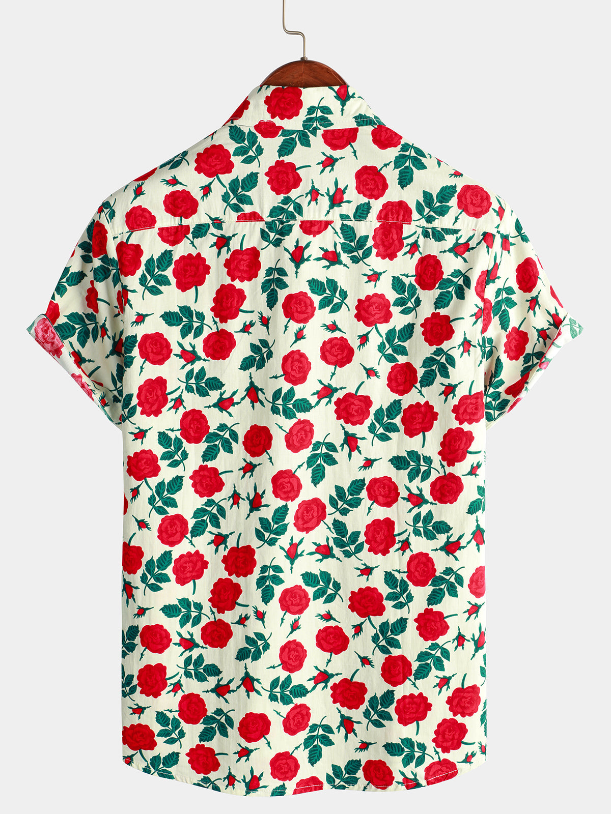 Camisa Rose estampado de algodón transpirable Beach Summer Button up Beige de manga corta para hombre