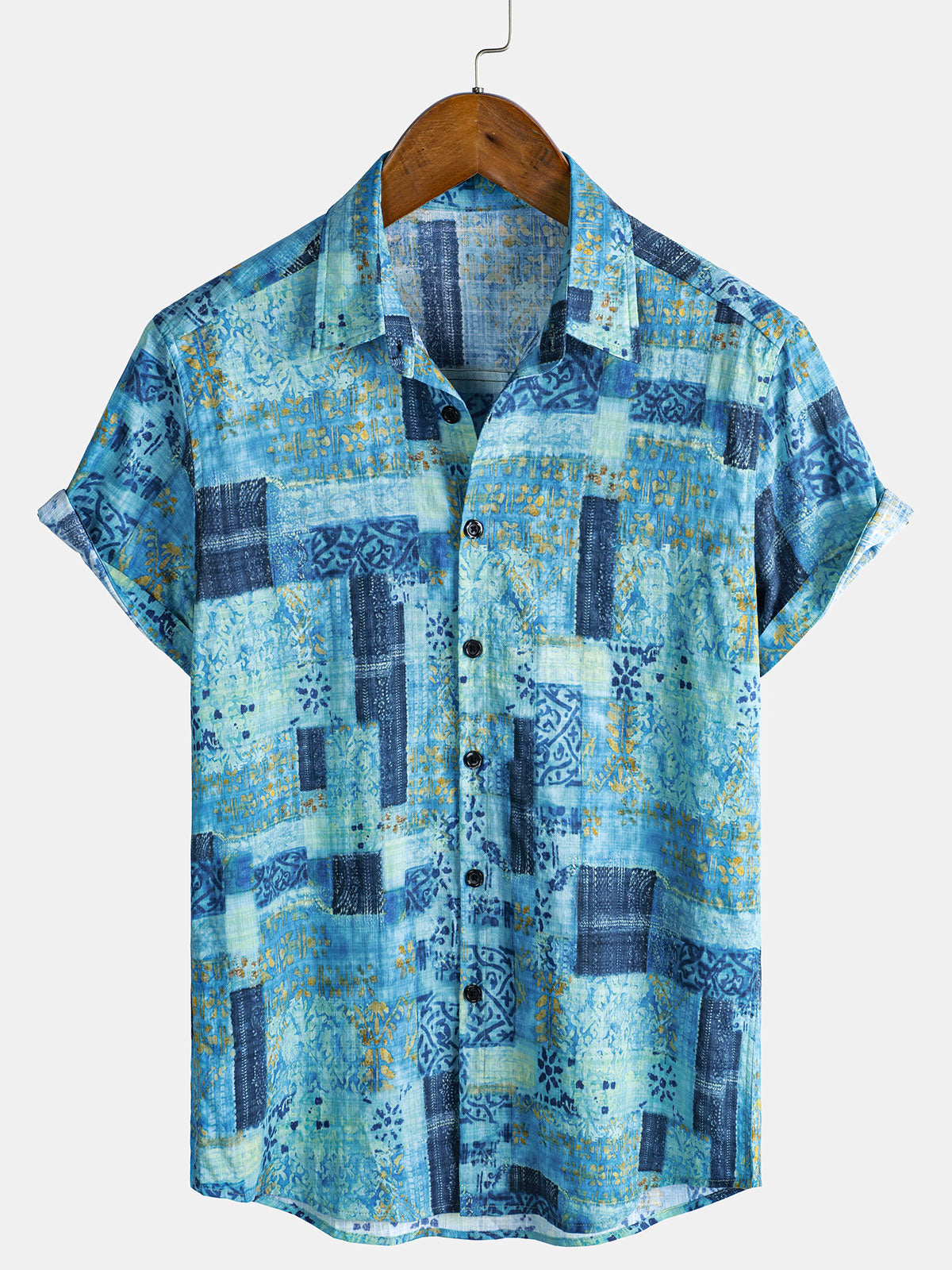 Camisa Patchpara trabajo estampado transpirable de algodón de manga corta con botones para hombre