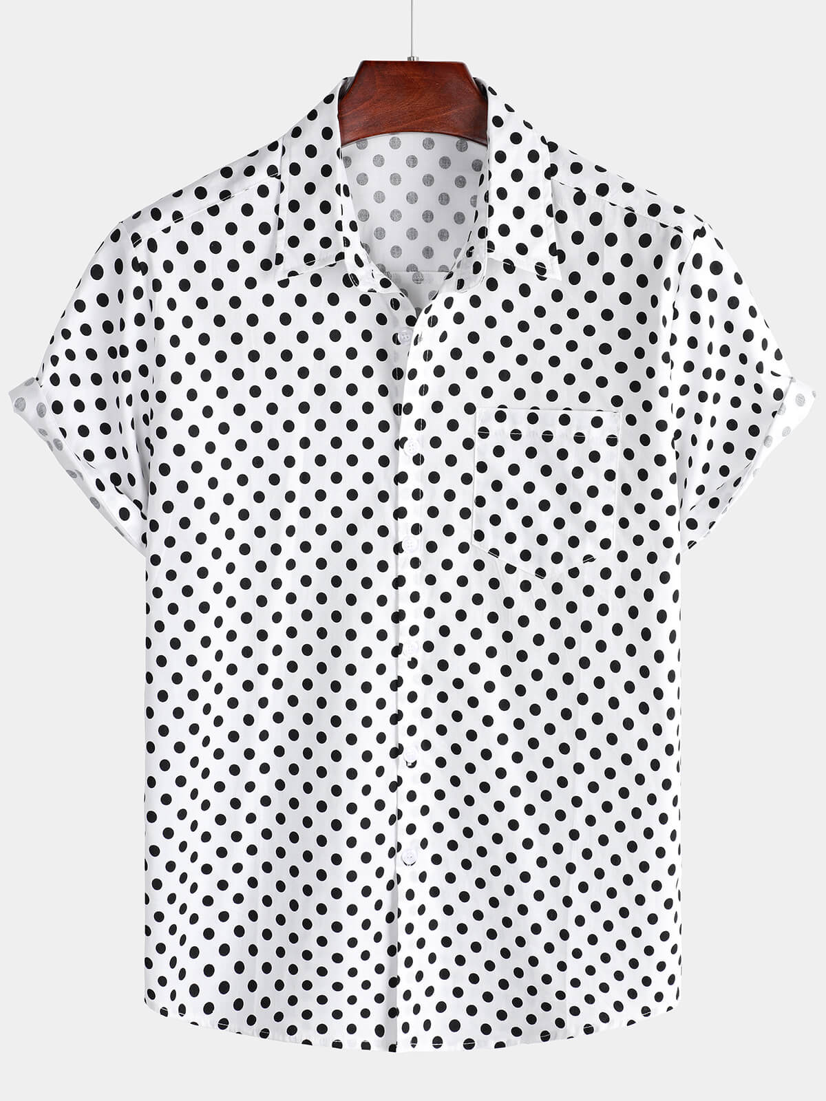 Camisa de algodón casual Polka Dot Summer White Pocket de manga corta para hombre