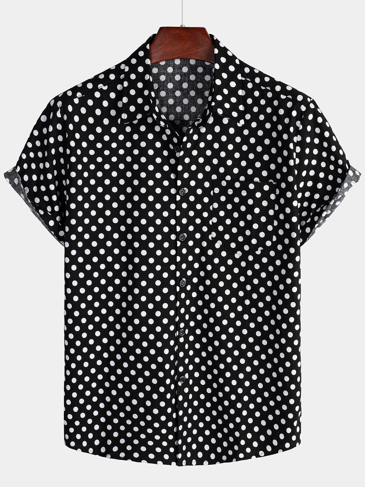 Camisa de algodón casual Polka Dot Summer Black Pocket de manga corta para hombre