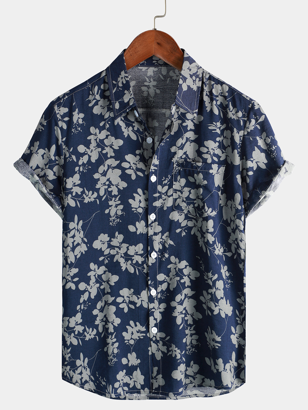 Camisa vintage floral estampado Holiday Navy Blue Button Up de manga corta para hombre