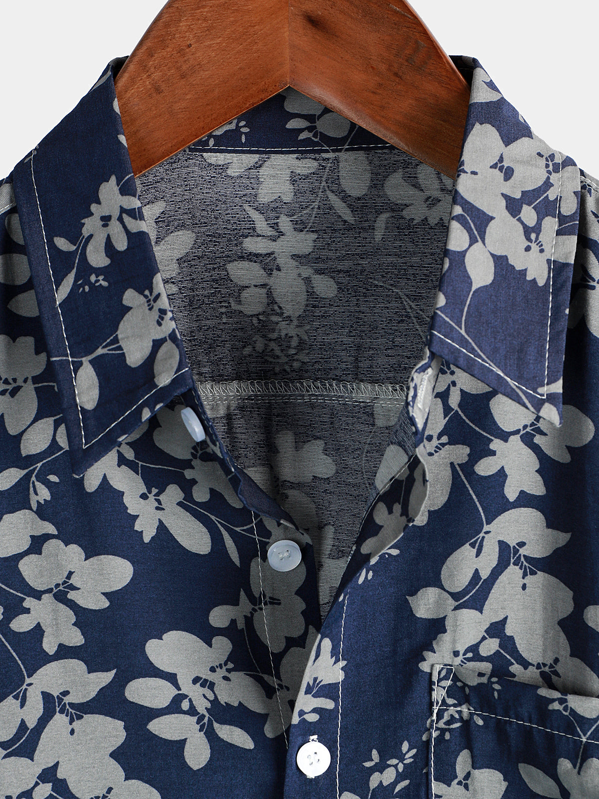 Camisa vintage floral estampado Holiday Navy Blue Button Up de manga corta para hombre