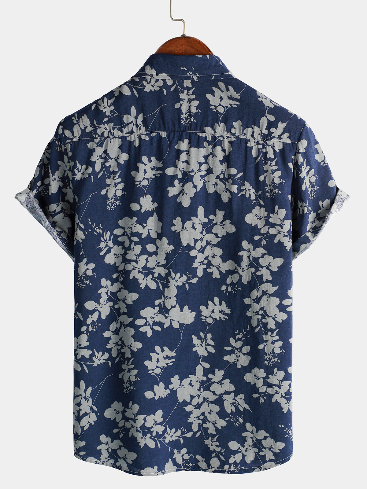 Camisa vintage floral estampado Holiday Navy Blue Button Up de manga corta para hombre