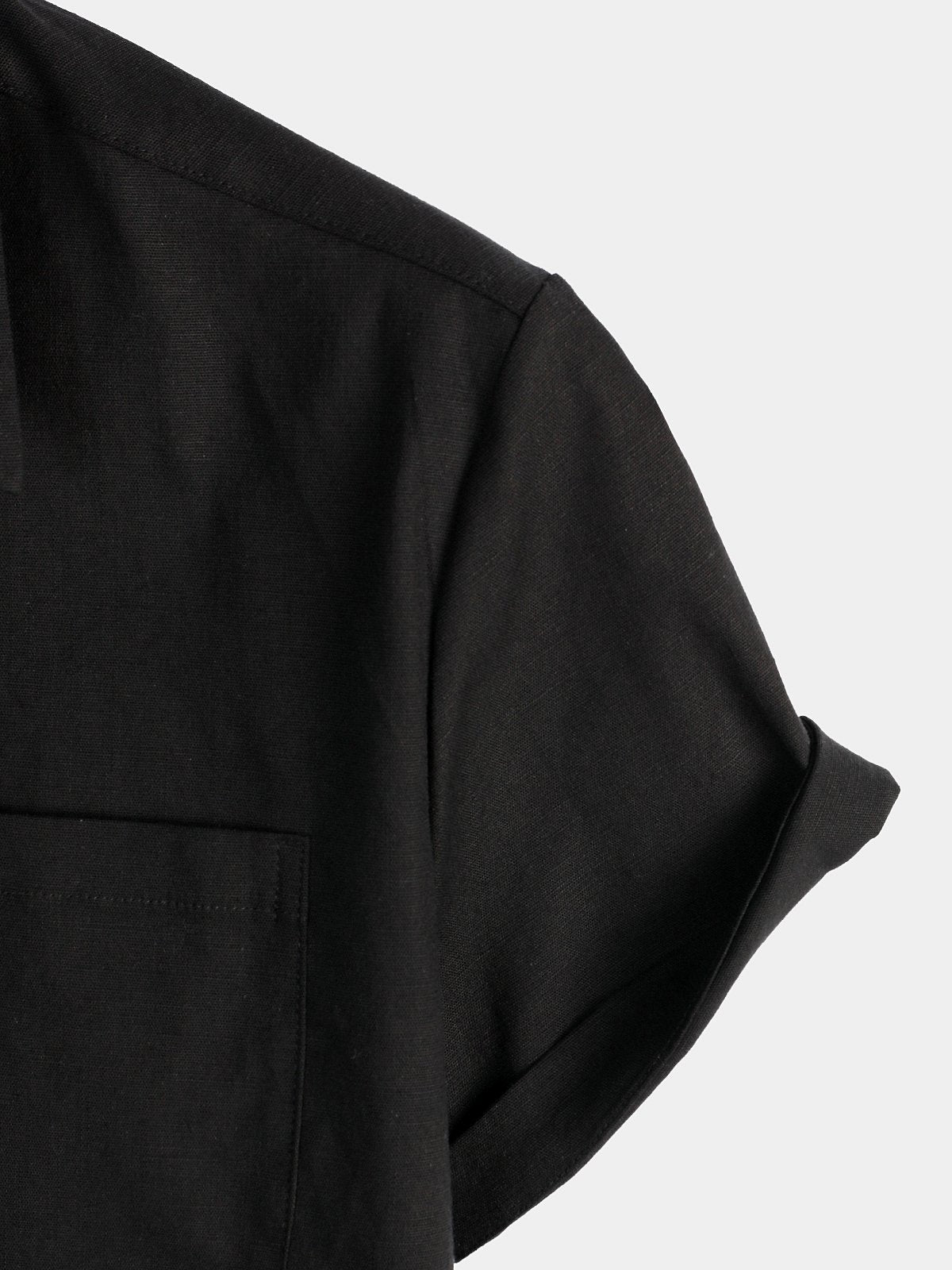 Camisa de color sólido de lino de algodón Pocket casual de manga corta para hombre