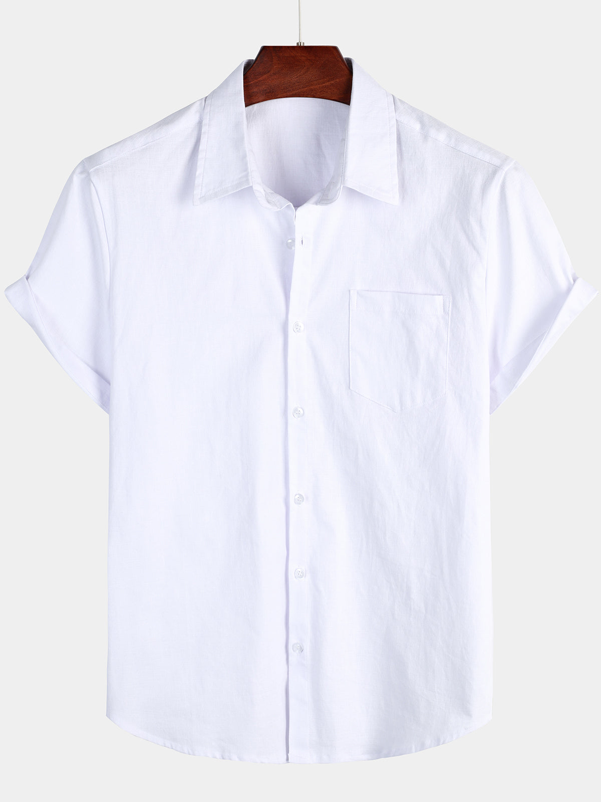 Camisa de color sólido de lino de algodón Pocket casual de manga corta para hombre