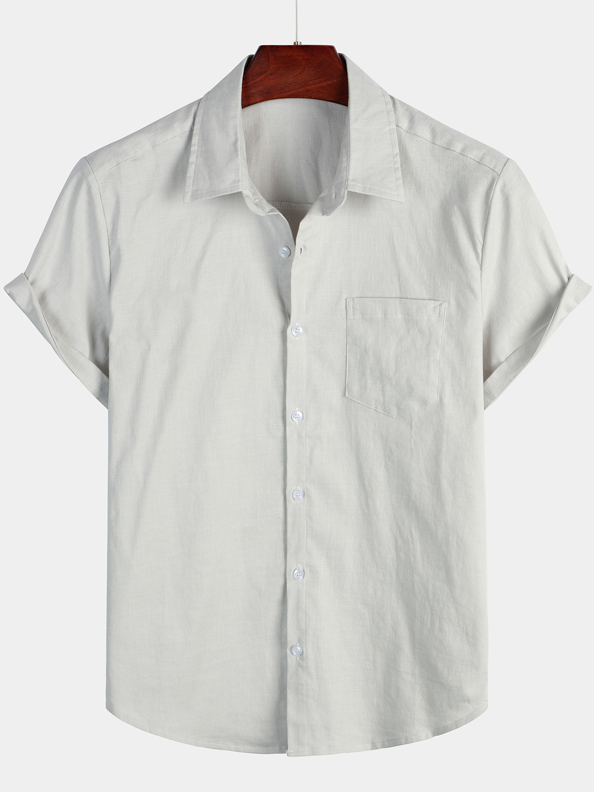 Camisa de color sólido de lino de algodón Pocket casual de manga corta para hombre