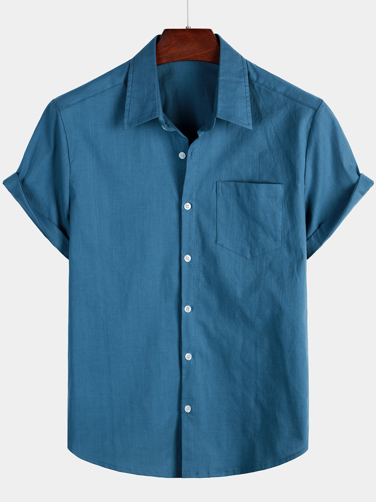 Camisa de color sólido de lino de algodón Pocket casual de manga corta para hombre