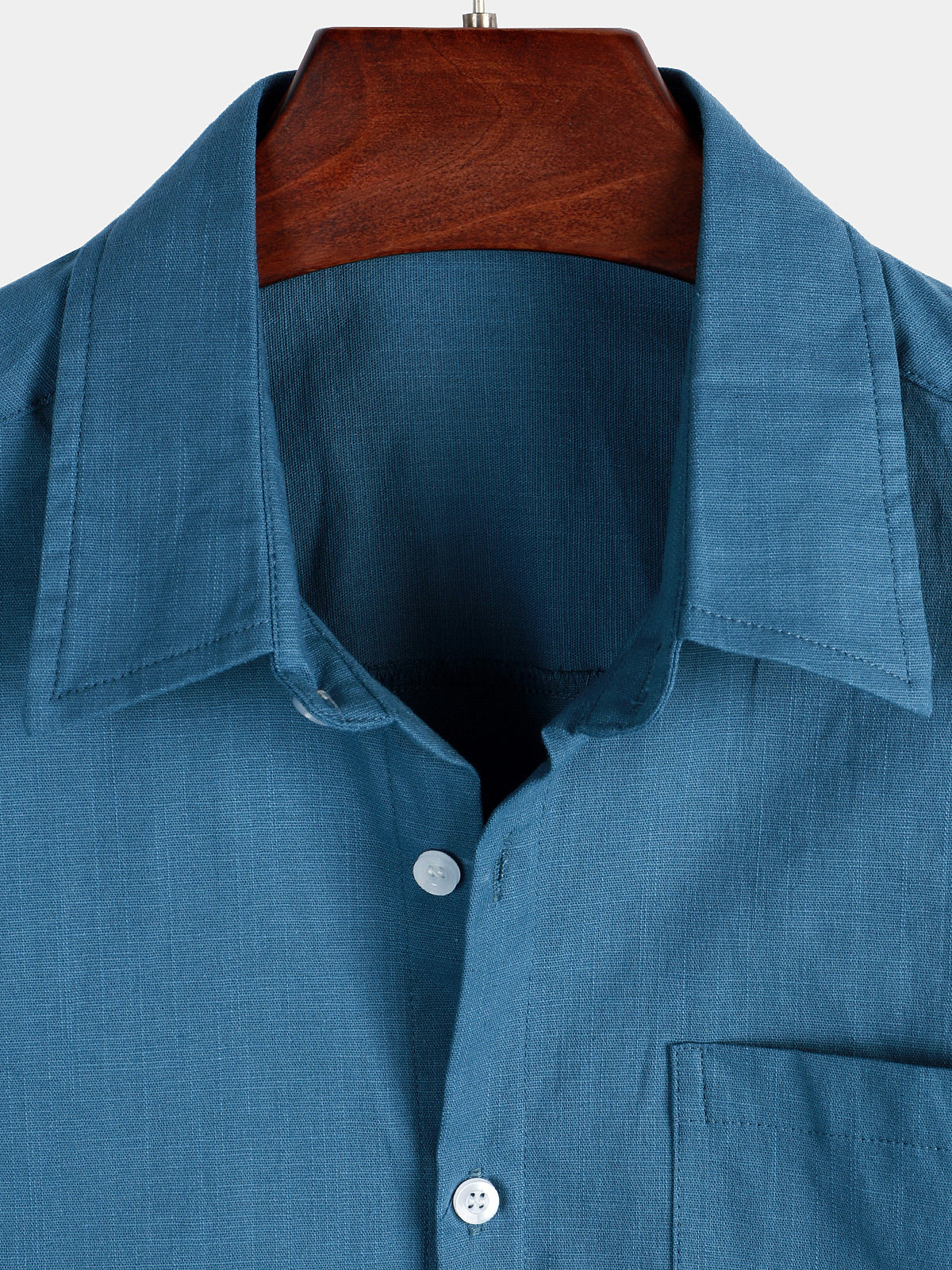 Camisa de color sólido de lino de algodón Pocket casual de manga corta para hombre