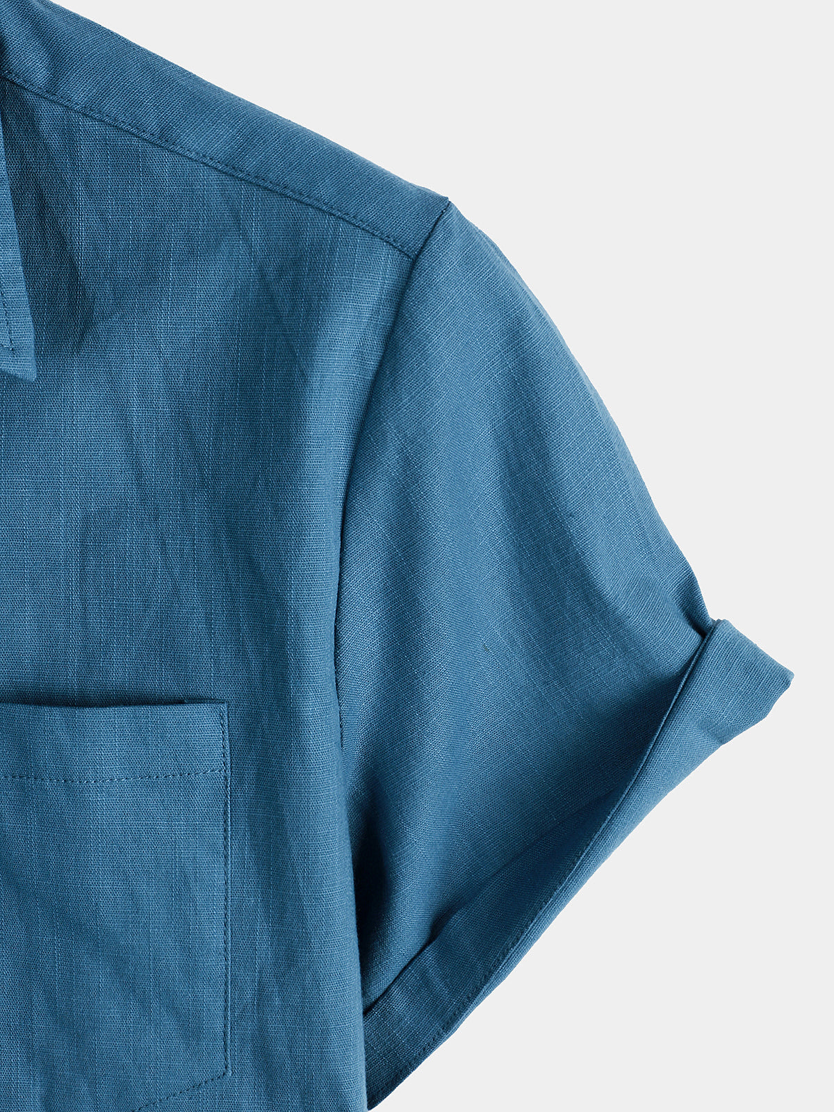 Camisa de color sólido de lino de algodón Pocket casual de manga corta para hombre