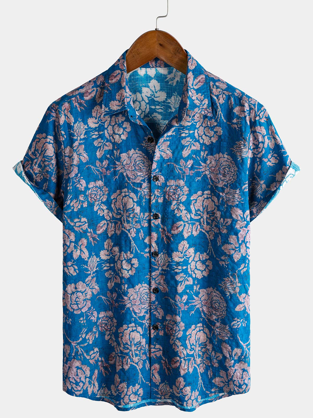 Retro Botanical estampado de manga corta con botones Resorcamiseta para hombre