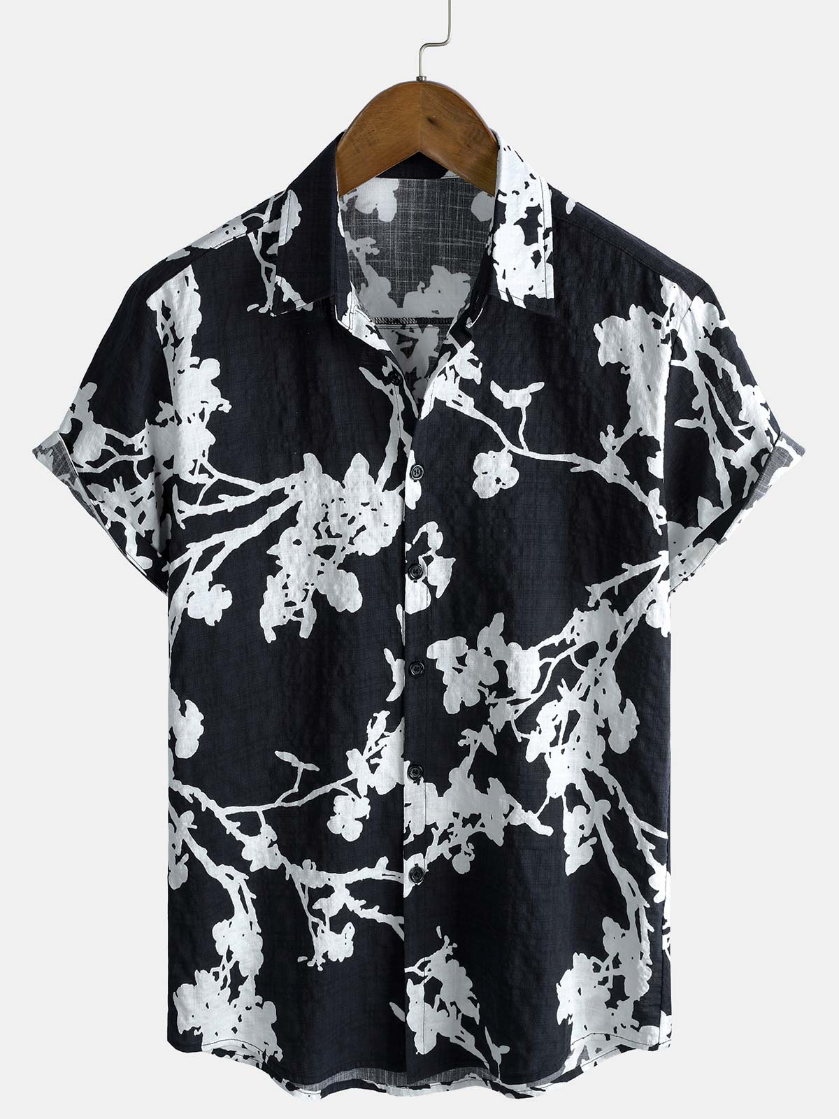 Camisa Black and White Hawaiian floral transpirable de algodón casual con botones para hombre