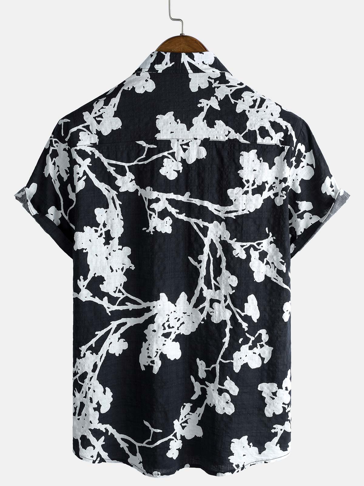 Camisa Black and White Hawaiian floral transpirable de algodón casual con botones para hombre