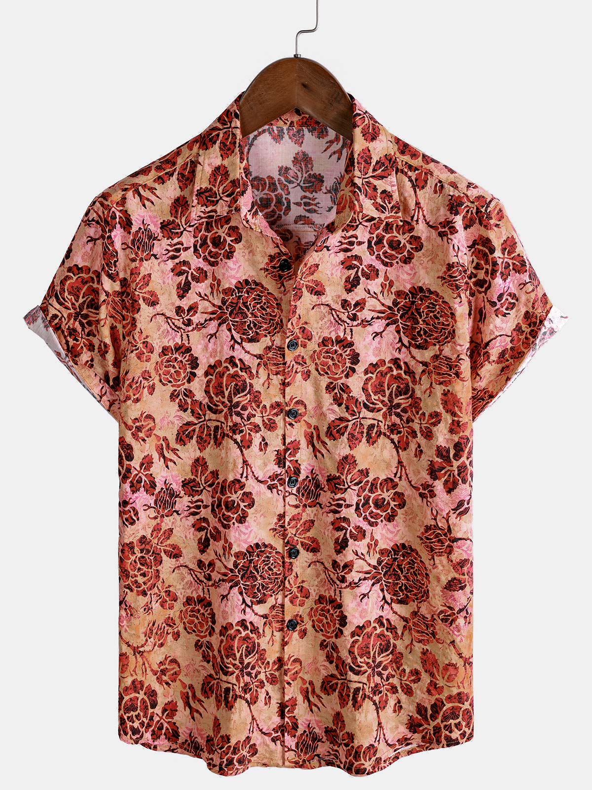 Camisa retro Rose floral estampado de manga corta con botones Vacation Beach para hombre