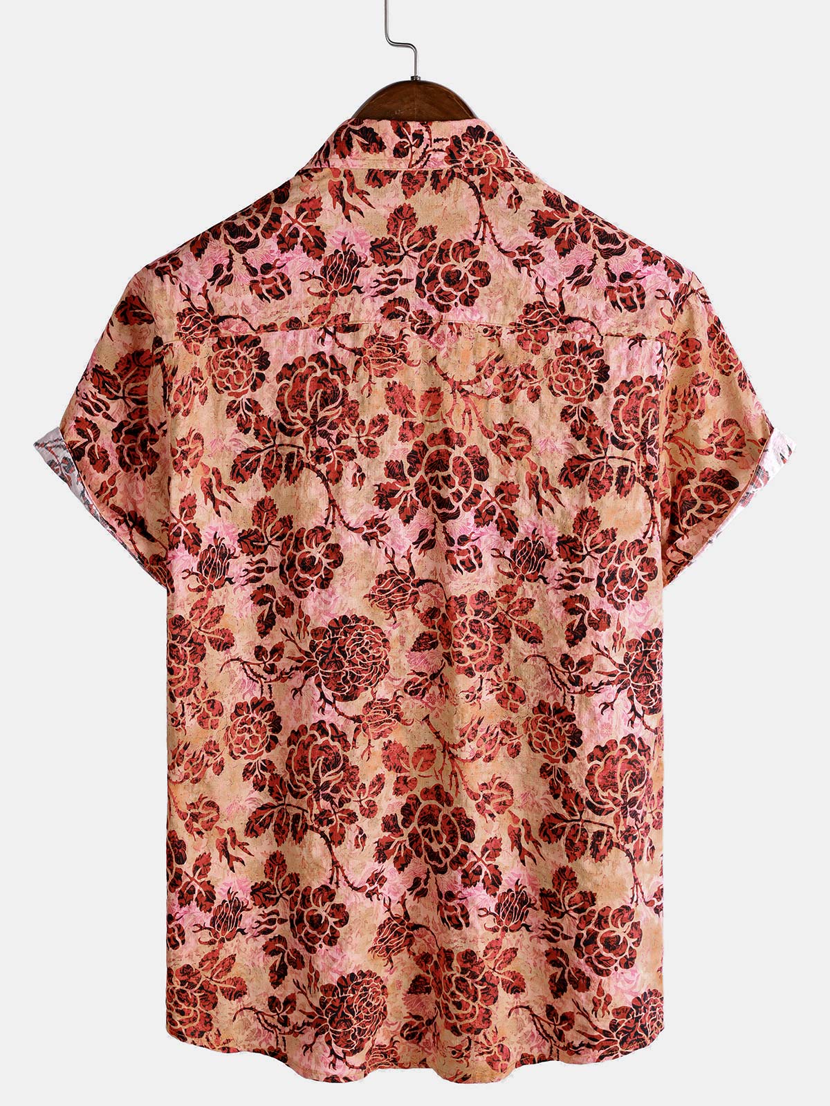 Camisa retro Rose floral estampado de manga corta con botones Vacation Beach para hombre
