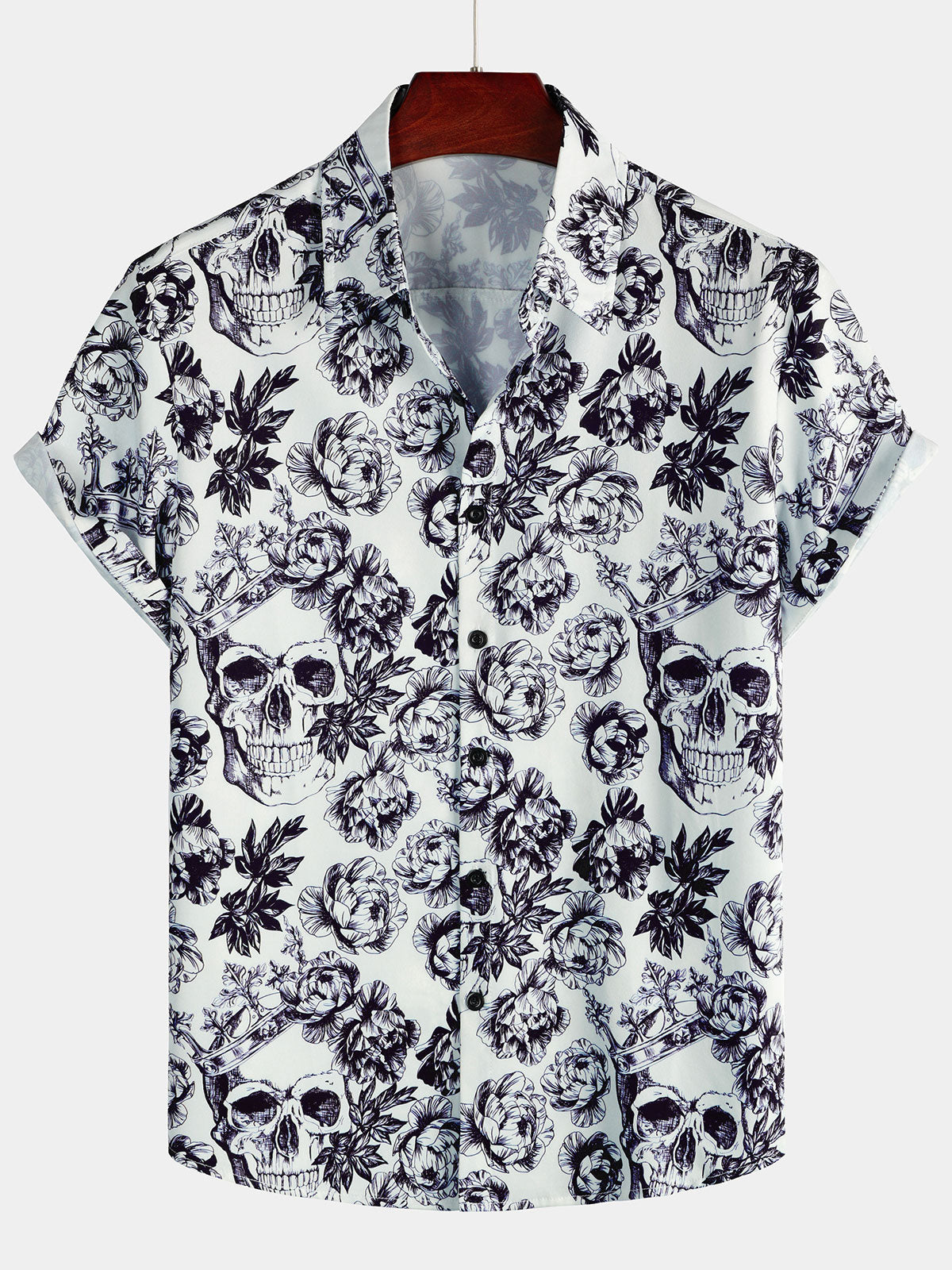 Camisa Black Punk Rock Crown floral Skull estampado de manga corta para hombre