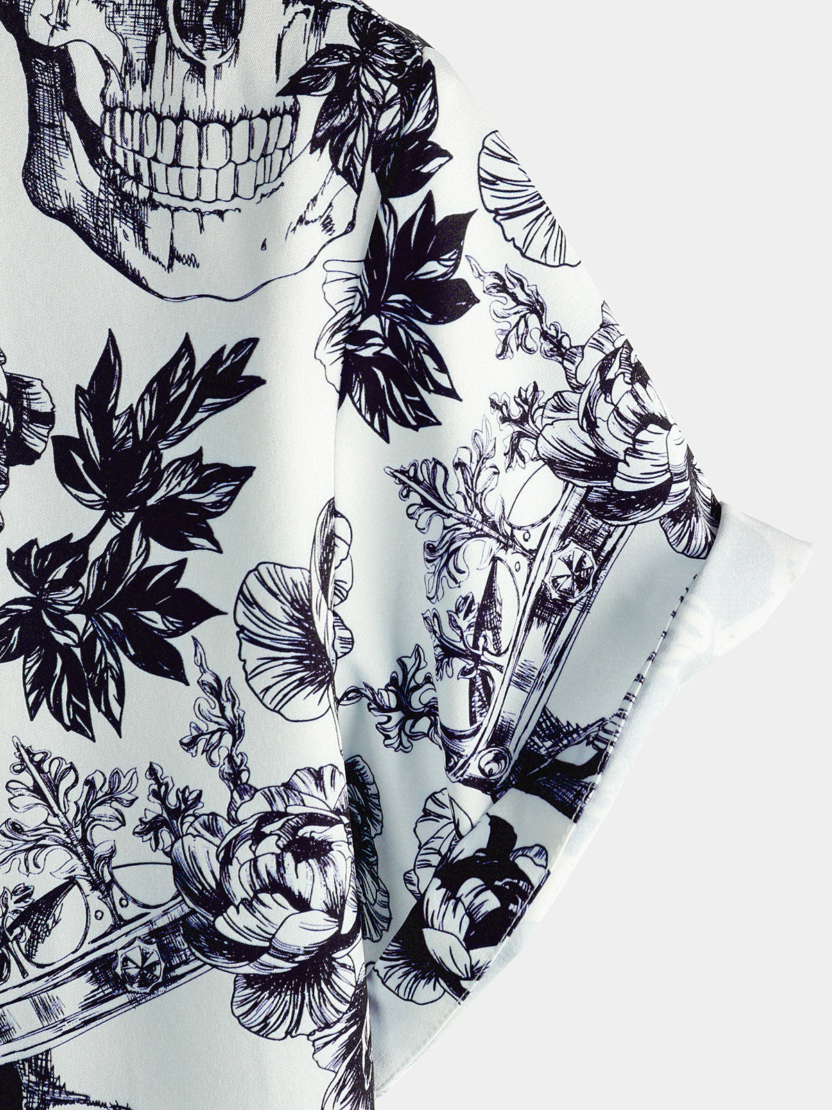 Camisa Black Punk Rock Crown floral Skull estampado de manga corta para hombre