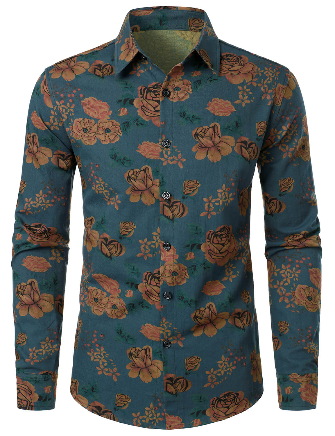 Camisa vintage floral Blue de manga larga Button Up para hombre