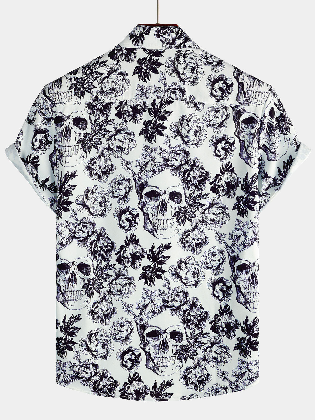 Camisa Black Punk Rock Crown floral Skull estampado de manga corta para hombre