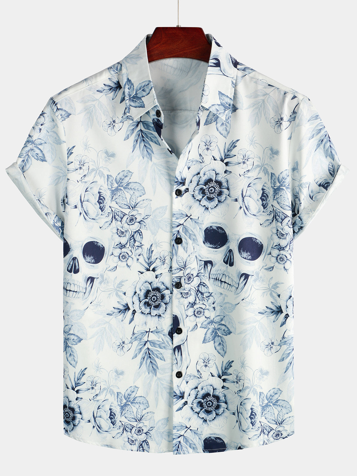 Camisa Skull floral estampado casual Lapel Button de manga corta para hombre