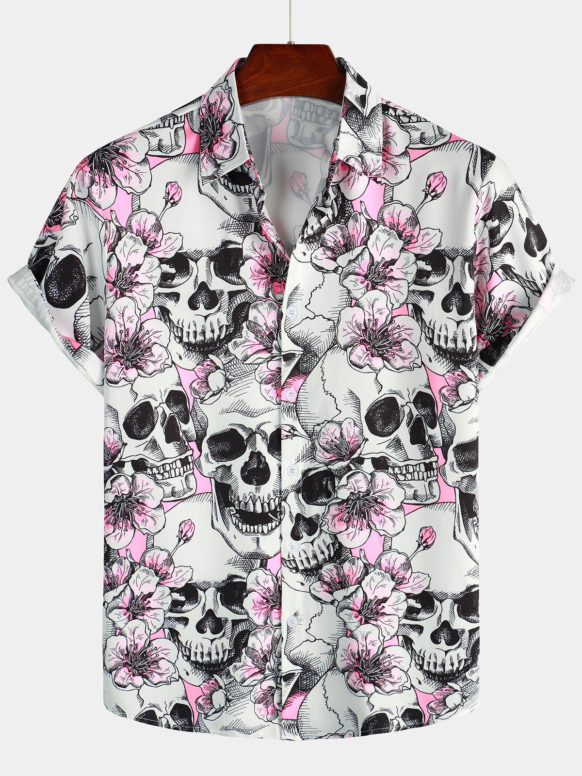 Skull Pink Flowers Button Up de manga corta camisas para hombre