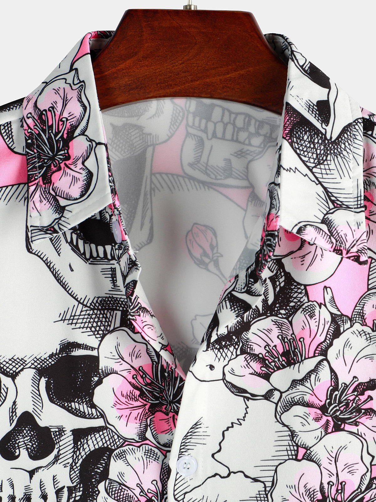 Skull Pink Flowers Button Up de manga corta camisas para hombre