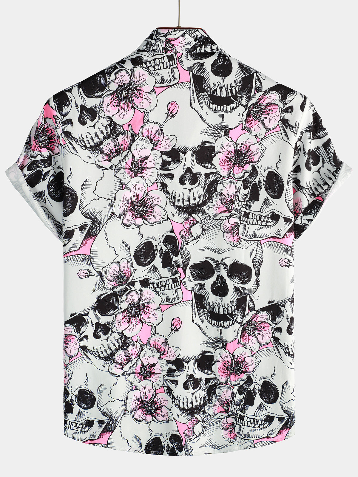 Skull Pink Flowers Button Up de manga corta camisas para hombre
