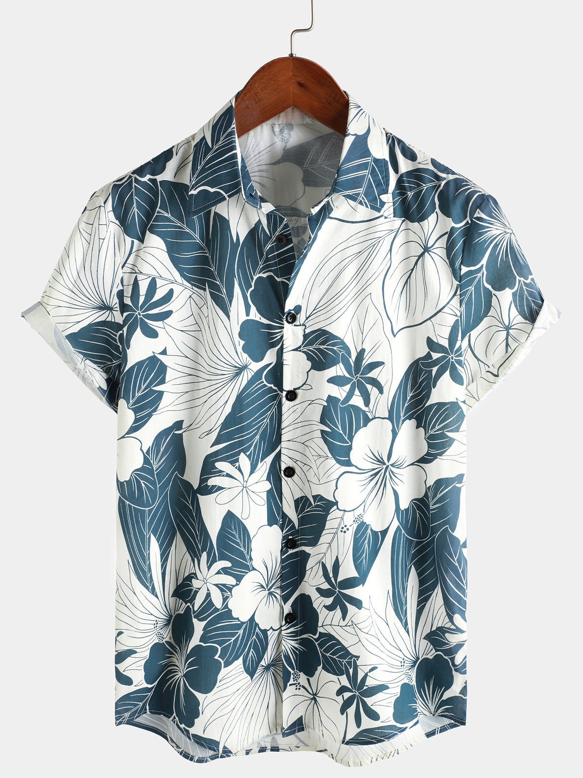 Camisa Men‘s 100% de algodón Hawaiian floral de manga corta Button Beach