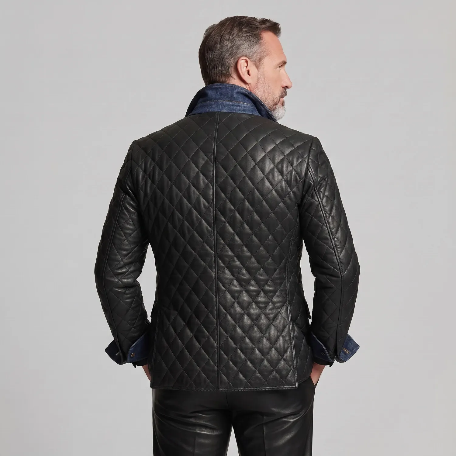para hombre Black Double-Breasted Denim Contrast Peak Lapel Quilted PU Leather saco