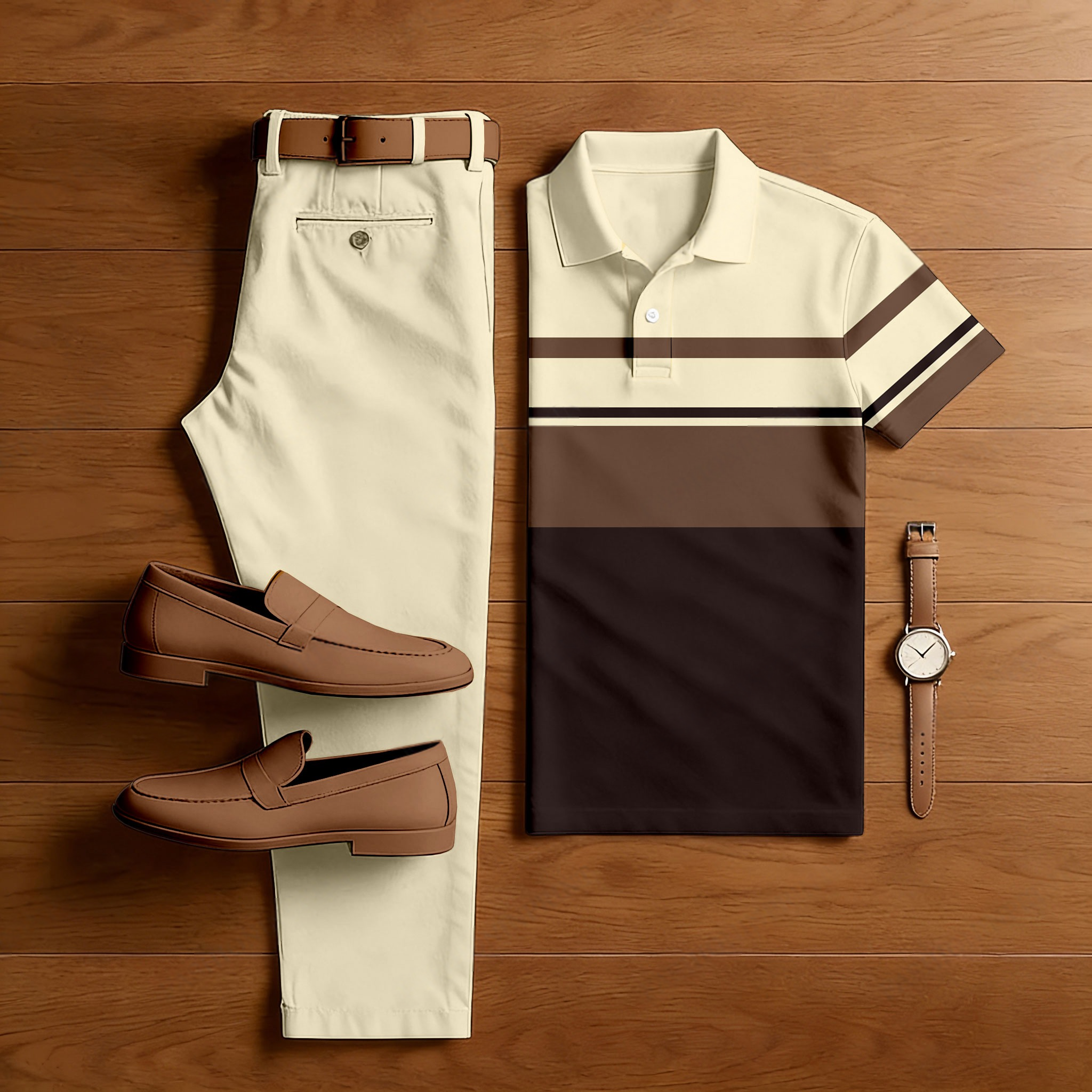 Conjunto de dos piezas casual Apricot & Coffee Color Matching a rayas estampado de manga corta camisa polo & Trousers para hombre