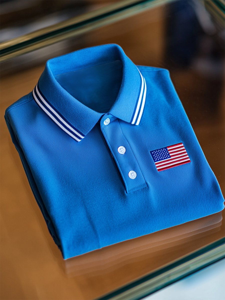 Camisa polo ejecutivo casual Independence Day a rayas Button de manga corta para hombre