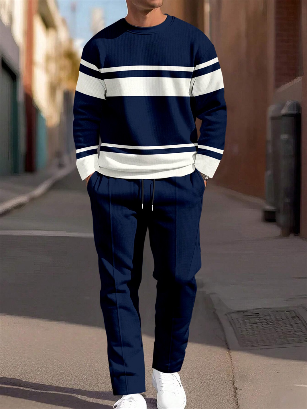 Navy Blue Simple Round Neck casual Sports Set 044 para hombre