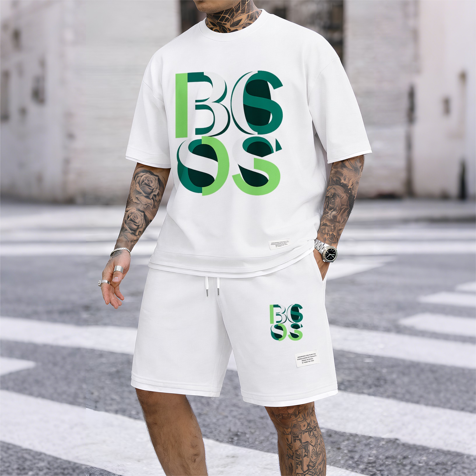 Camisa de lujo tejido tipo waffle de manga corta & shorts Set 10 para hombre