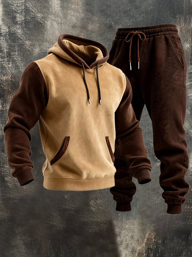 Sudadera retro Stitching Contrast Color Hooded casual Suit para hombre