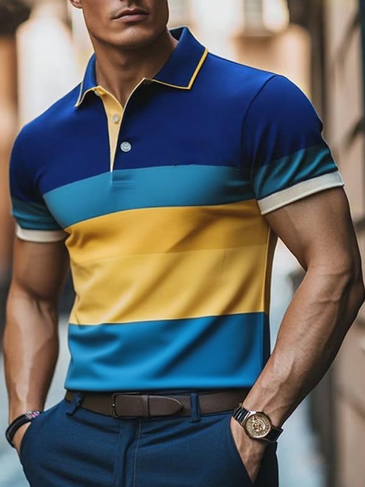 Camisa polo ejecutivo casual a rayas Button de manga corta para hombre