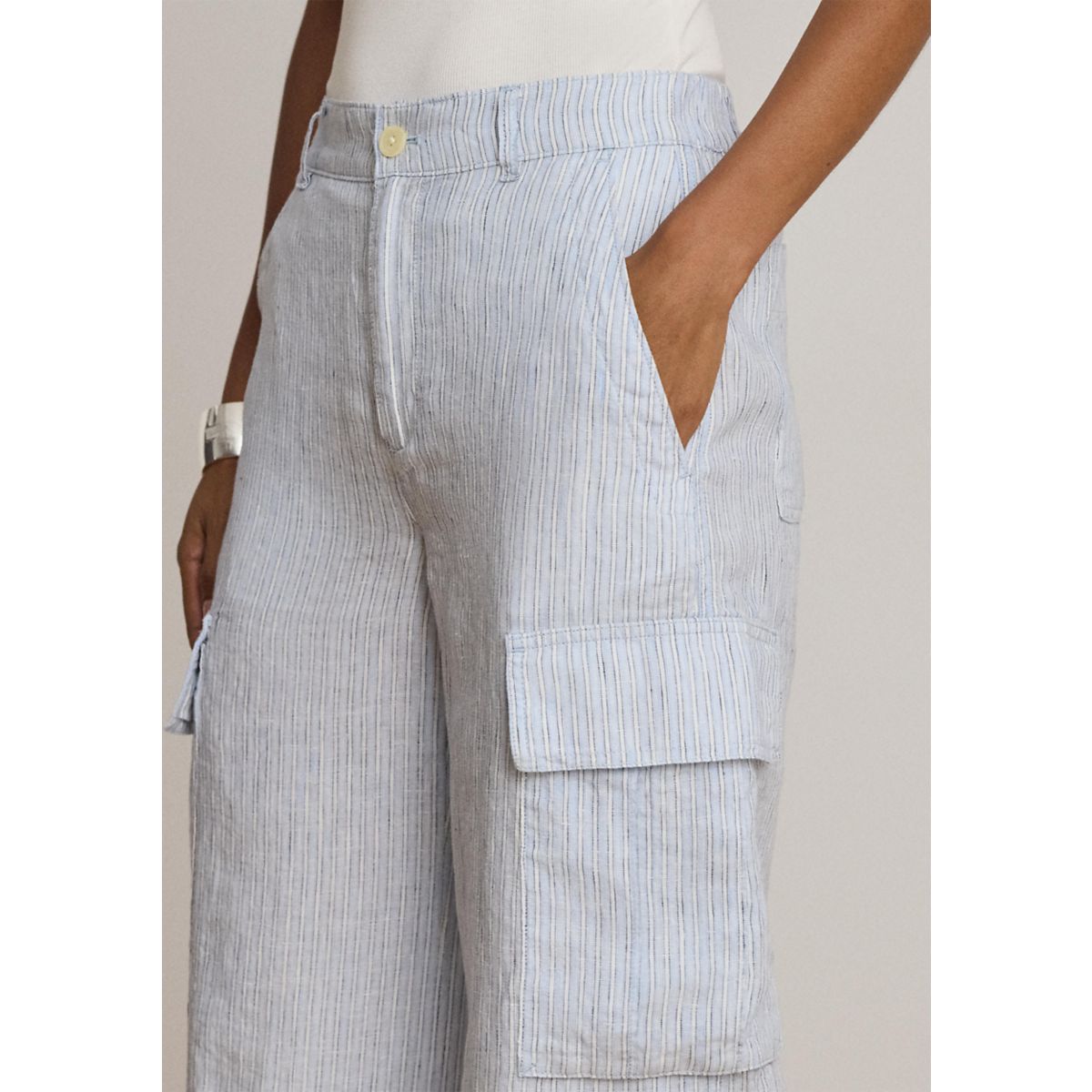 Pinstripe Linen Wide-Leg Cargo Pants - 3