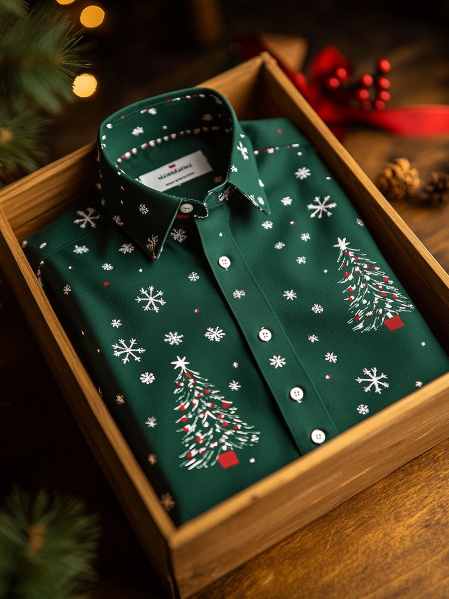 Camisa ejecutivo Christmas Tree estampado de manga larga para hombre