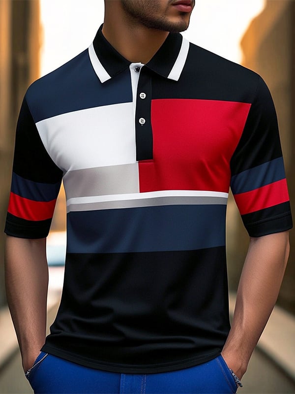 Camisa polo ejecutivo rayas Logo con botones de manga corta para hombre