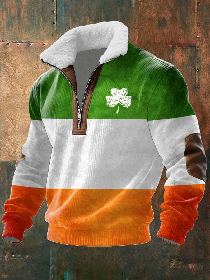 Sudadera vintage St. Patrick's Day estampado de manga larga With Fur cuello para hombre