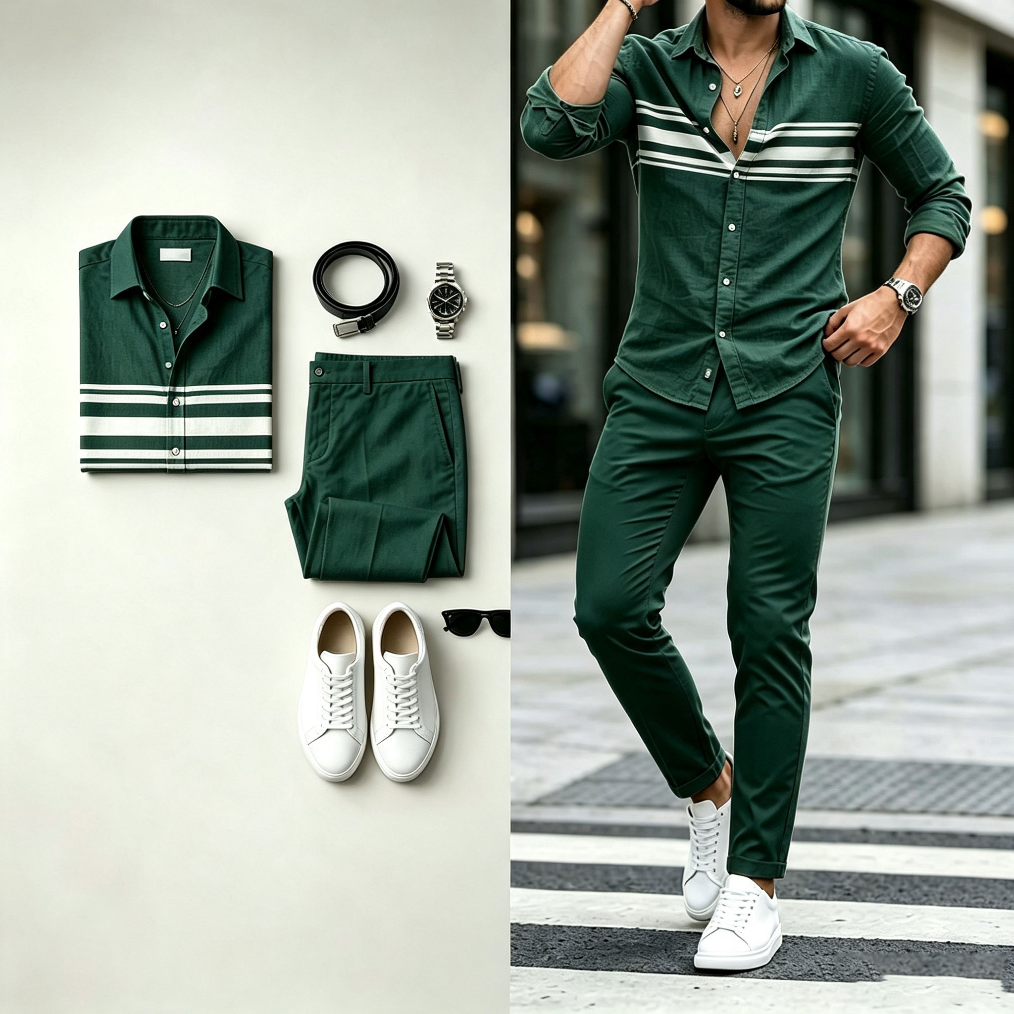 para hombre Green estampado de manga larga camisa and pantalón Set