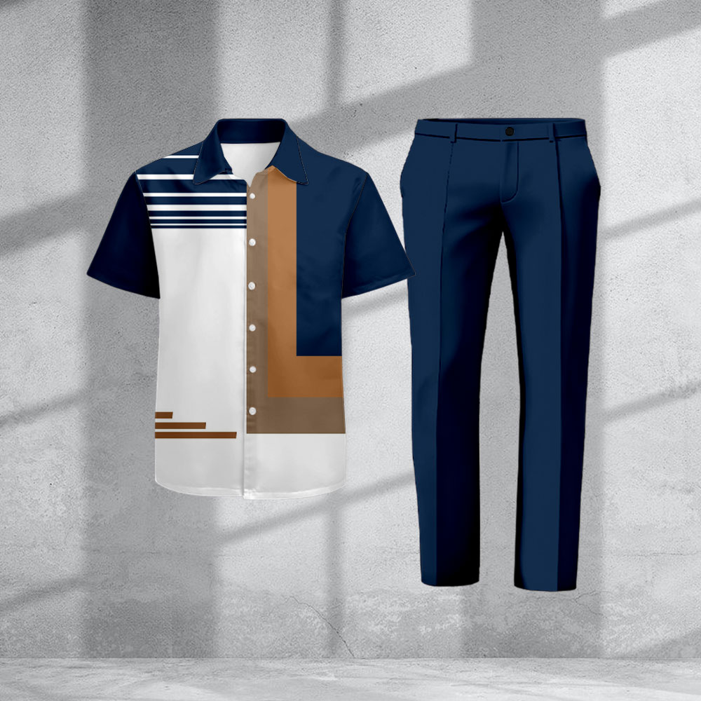 Conjunto de dos piezas casual Dark Blue Geometric estampado camisa polo And pantalón para hombre