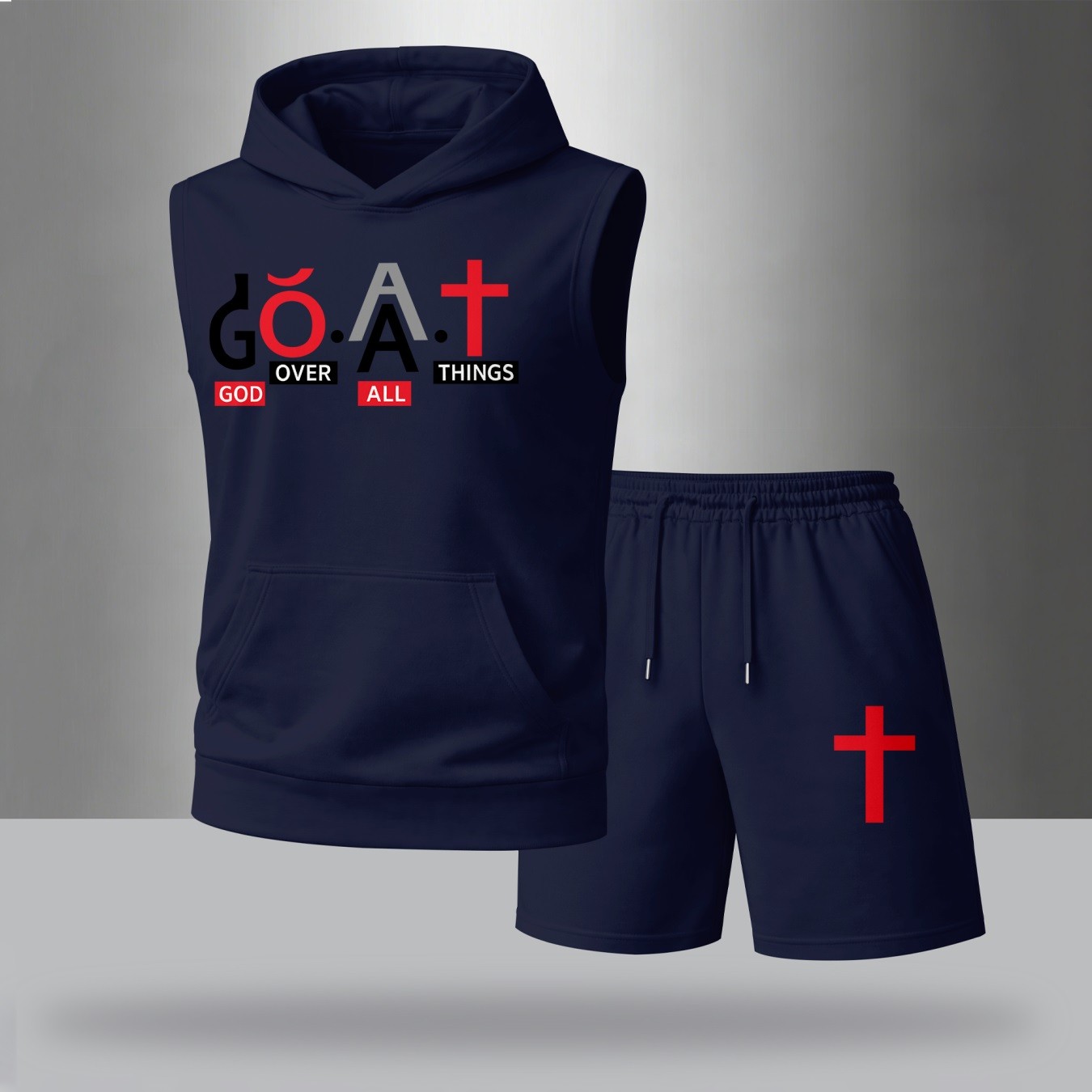 Sudadera con capucha Sleeveless & shorts Set – G.O.A.T Graphic estampado, Cross & Faith Design, casual Streetwear Summer Tracksuit, Urban Style Outfit, para uso diario Wear, Gym Ready, Lightweight Comfort Fit shorts para hombre
